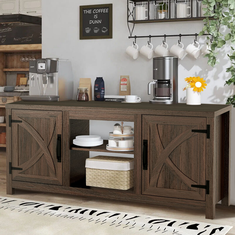 58" Farmhouse TV Stand with Open Storage Shelves and Cabinets for TV up to 65"