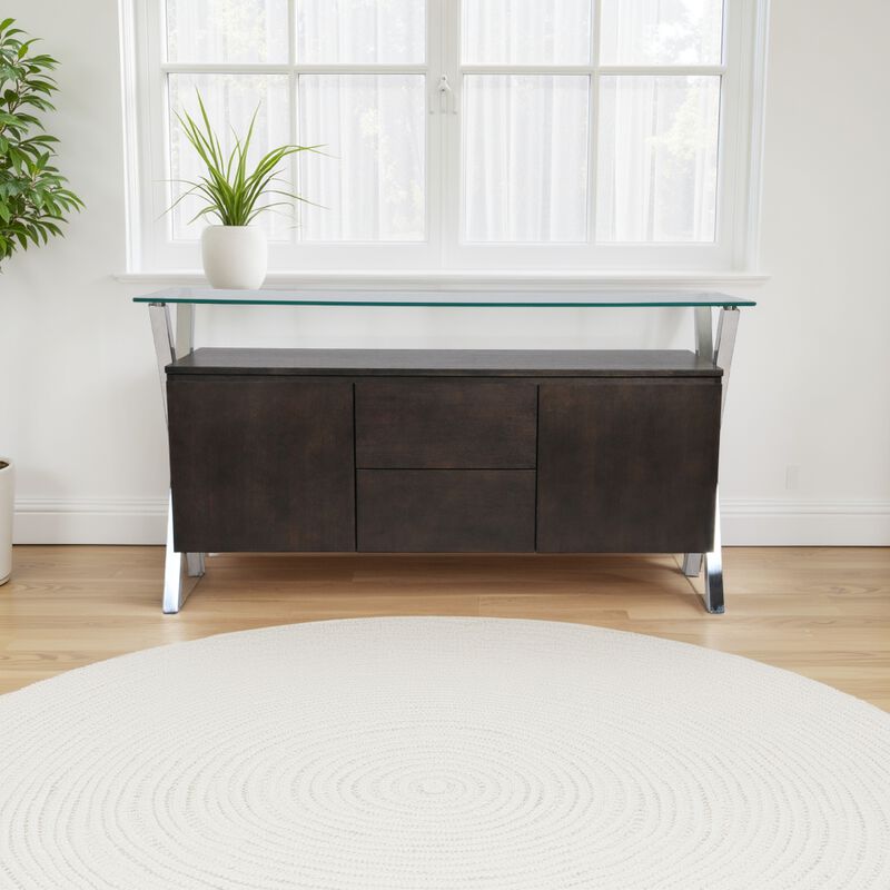 Tia Sideboard Buffet Console, 2 Doors, Chrome and Glass, Brown 63 Inch - Benzara