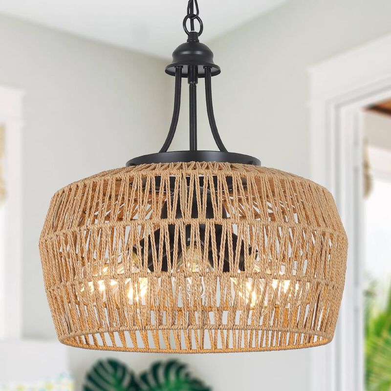 ELEMENT ACE 5-Light Rattan Boho Chandelier Light Fixture with Wicker Lampshade, Farmhouse Hanging Pendant Lighting for Dining Room Kitchen Island Bedroom Living Room Nursery image number 1