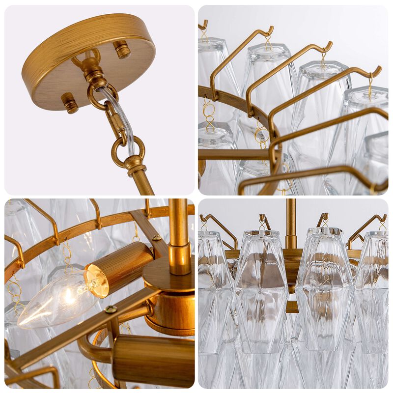 Hilaria Medium-gloss Brushed Brass Finish 3-Light Multi-faceted Clear Glass Shade Round Tiered Chandelier image number 3