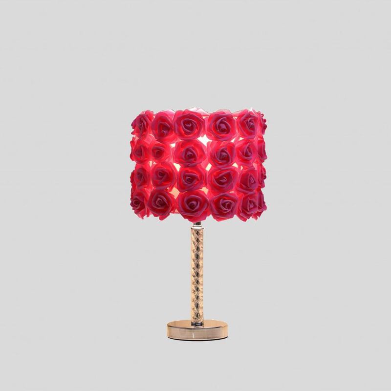 Hivvago 18" Silver Bedside Led Table Lamp With Red Flowers Drum Shade