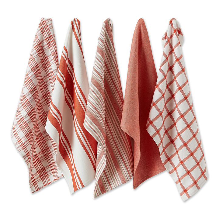 Set of 5 Assorted Red and White Spice Woven Dish Towel  28"