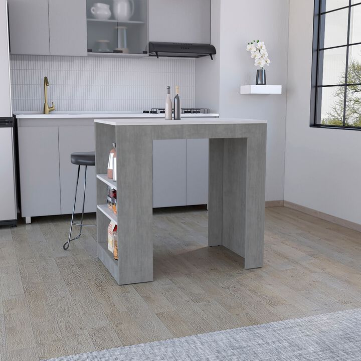 Portree Kitchen & Dining room Island with 3-Side Shelves -Concrete Gray / Ibiza Marble