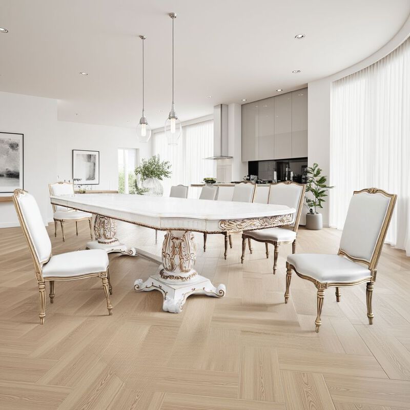 Antoine Dining Table, Double Pedestal, 84-120 Inch Antique Pearl White - Benzara