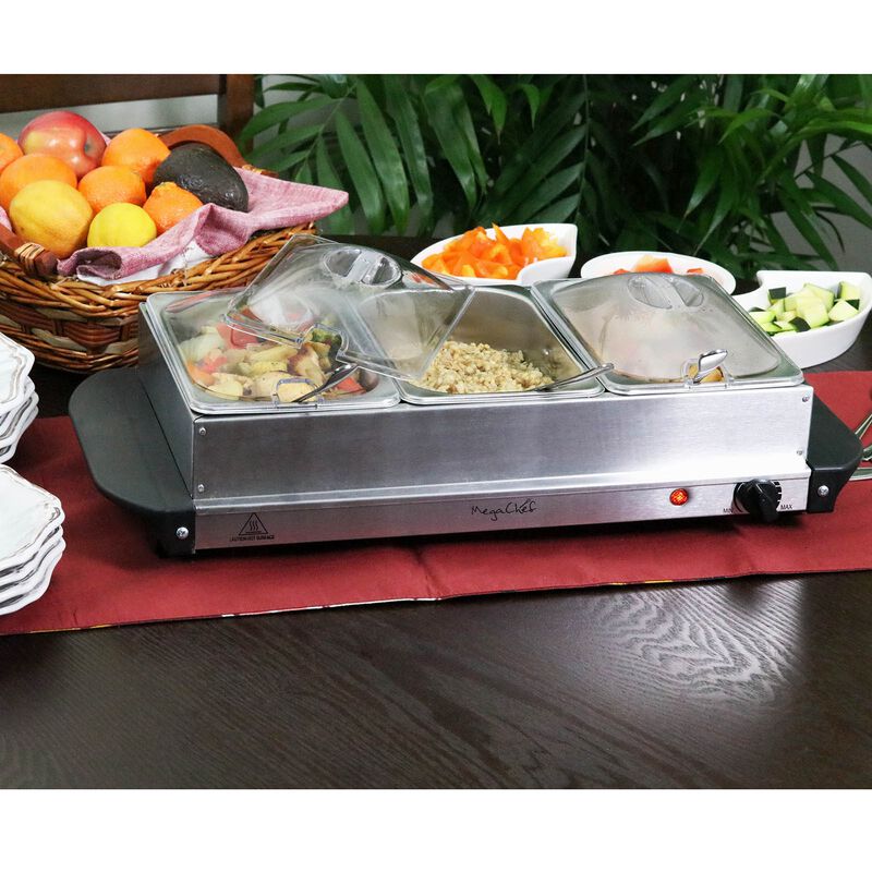 MegaChef Buffet Server & Food Warmer With 3 Removable Sectional Trays , Heated Warming Tray and Removable Tray Frame