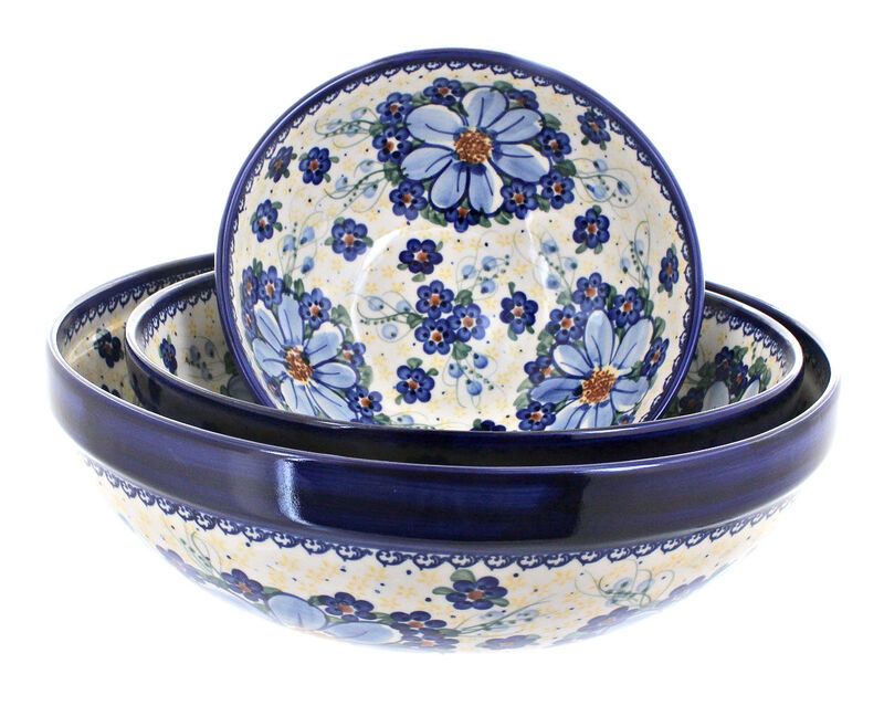 Blue Rose Polish Pottery Daisy Surprise 3 Piece Serving Bowl Set