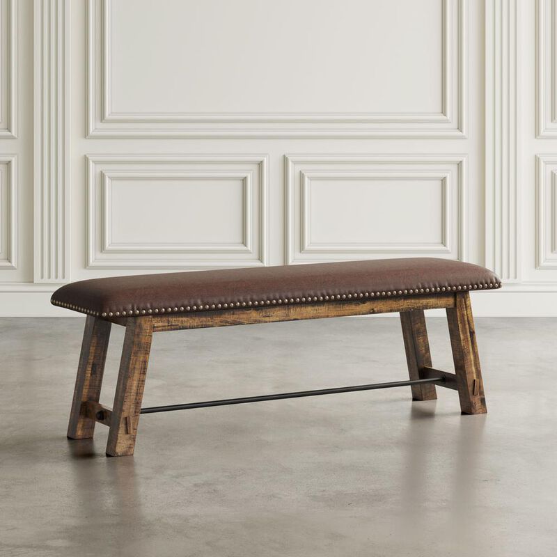 Jofran Distressed Industrial 56 Distressed Wood Bench with Upholstered Seat