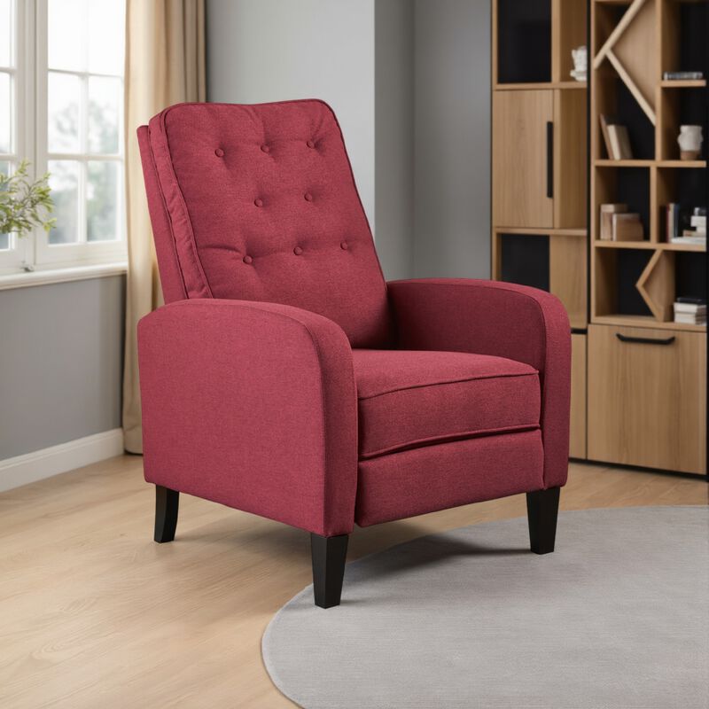 Push Back Recliner Chair, Birch Wood Legs, Red Button Tufted Polyester - Benzara