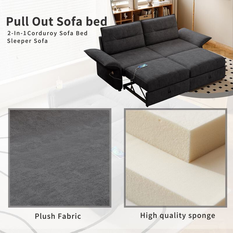 Convertible sleeper sofa bed, Plush fabric pull out futon with USB charging ports, 85 inch sofa bed for small spaces image number 7