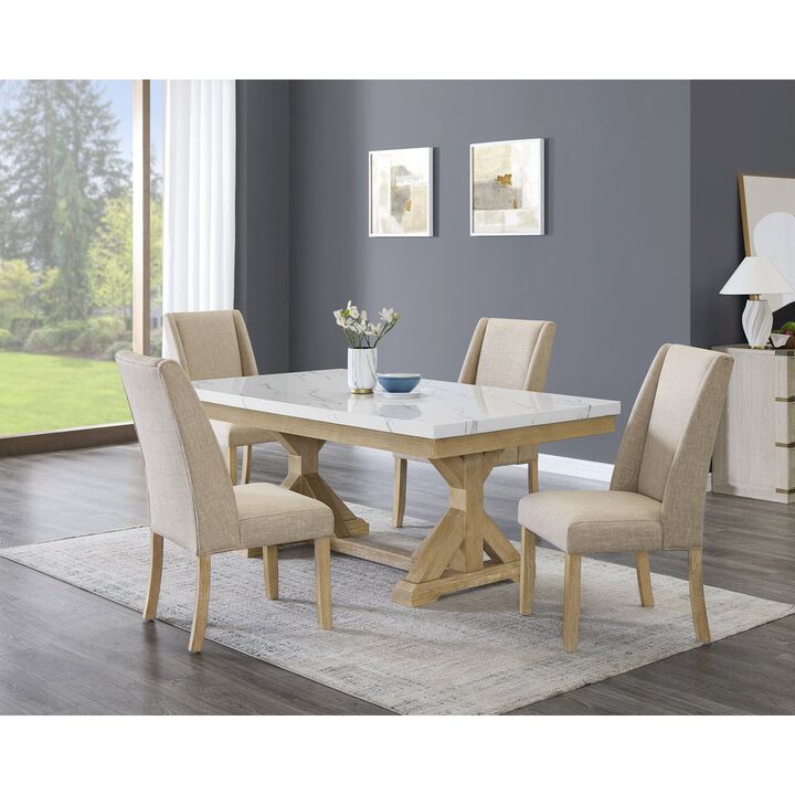 Best Quality Furniture 5Pc Fuax Marble Top Dining Set With 4 Beige Side Chairs