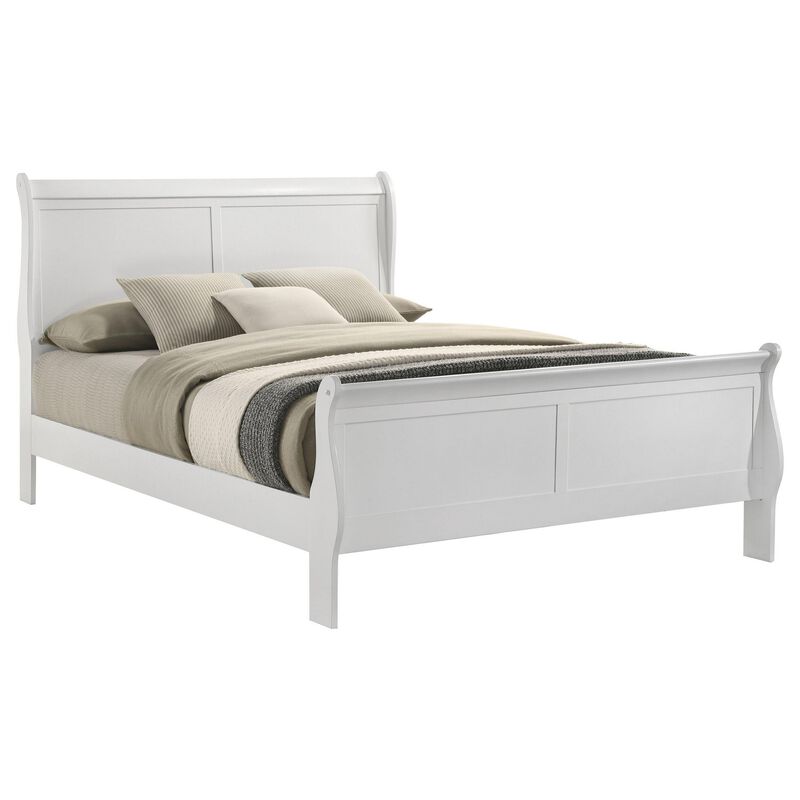 Nim Queen Size Bed, Sleigh Panel Headboard Design, White, Low Profile - Benzara