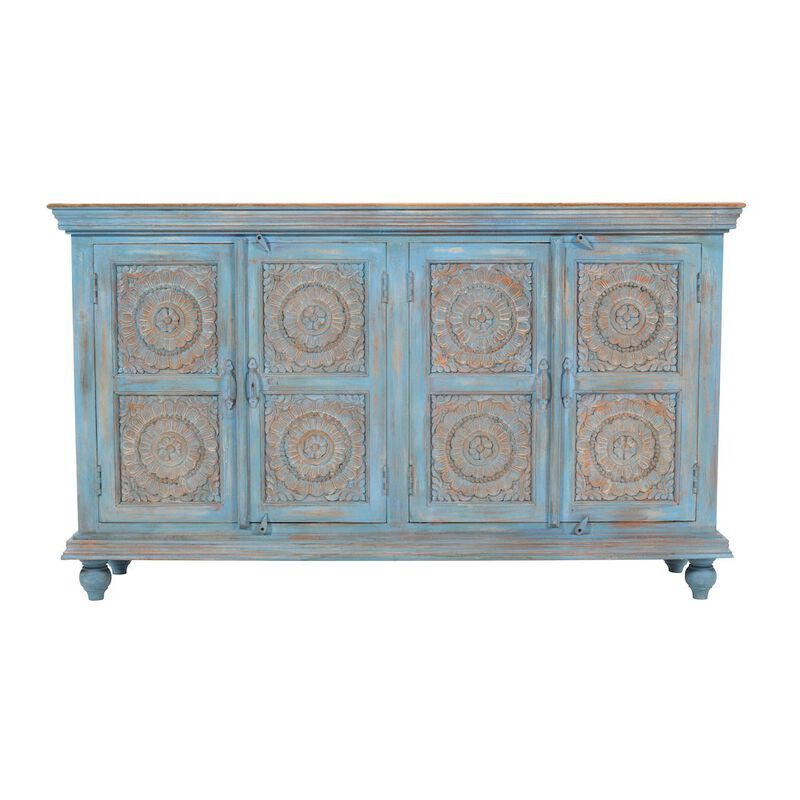 Jofran 71 Solid Wood Boho Distressed Sideboard Cabinet with Artisan Carved Doors