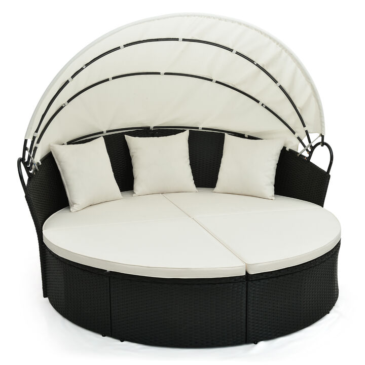 Clamshell Patio Round Daybed Wicker with Retractable Canopy and Pillows