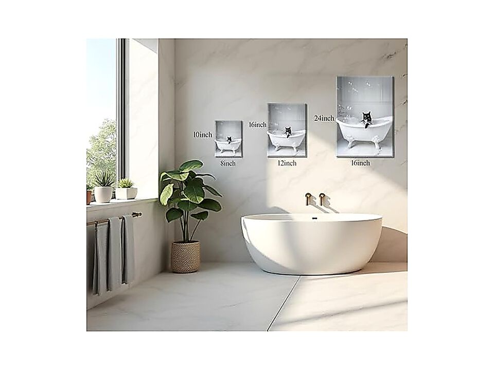 Bathroom Black Cat Canvas Wall Art Funny White Animal Poster Lovers Decor