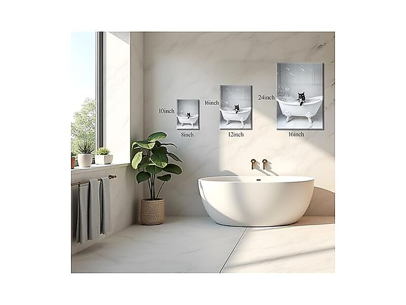 Bathroom Black Cat Canvas Wall Art Funny White Animal Poster Lovers Decor image number 1