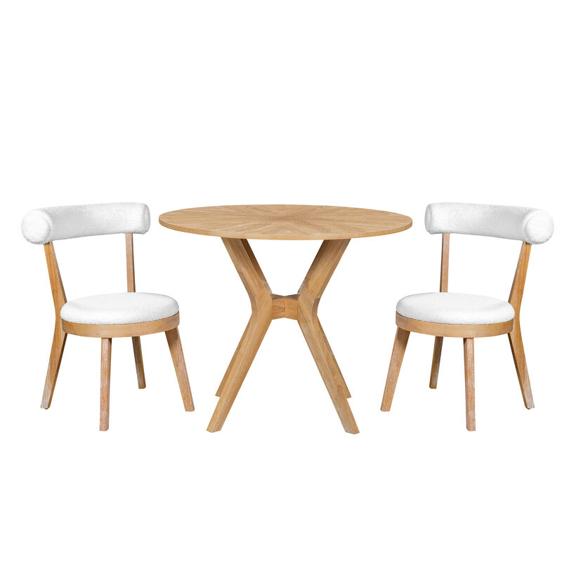 Merax 3-Piece Mid-Century Modern Round Dining Set - Intersecting Rubberwood Base with 2 Upholstered Chairs