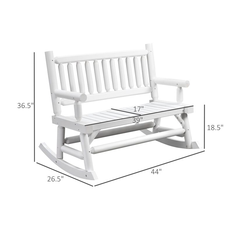2-Person Wood Rocking Chair with Log Design, Heavy Duty Loveseat with Wide Curved Seats for Patio, Backyard, Garden, White
