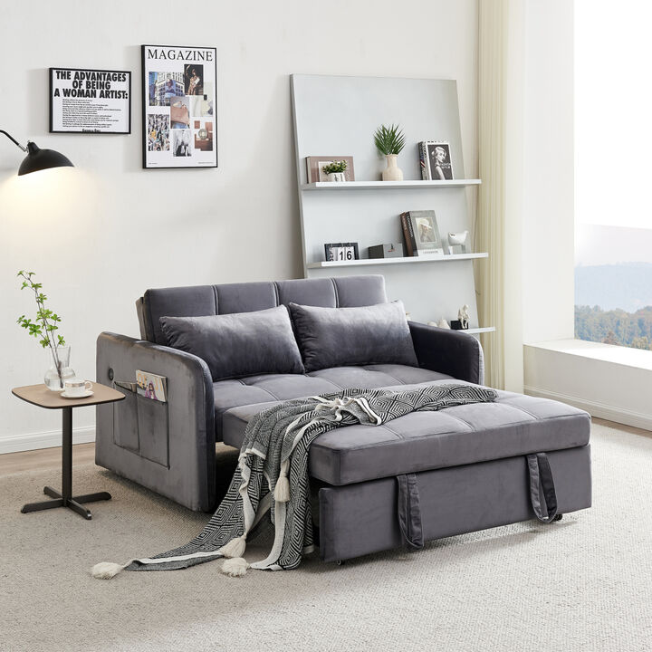 55.5" Twins PUll Out Sofa Bed Grey Velvet