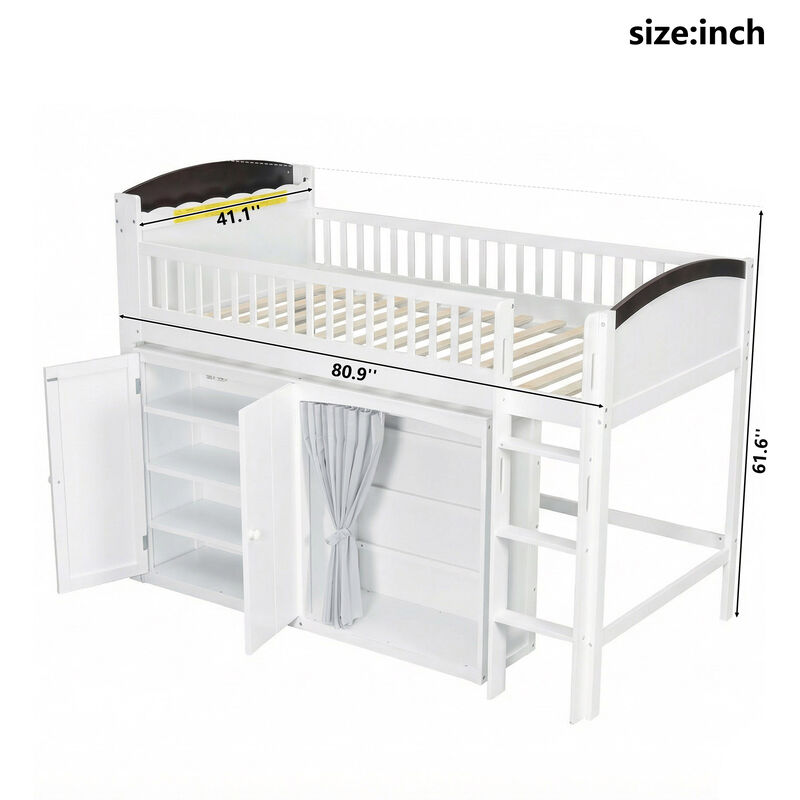 Merax Loft Bed with Storage Cabinet, Curtain Wardrobe & LED Headboard image number 5