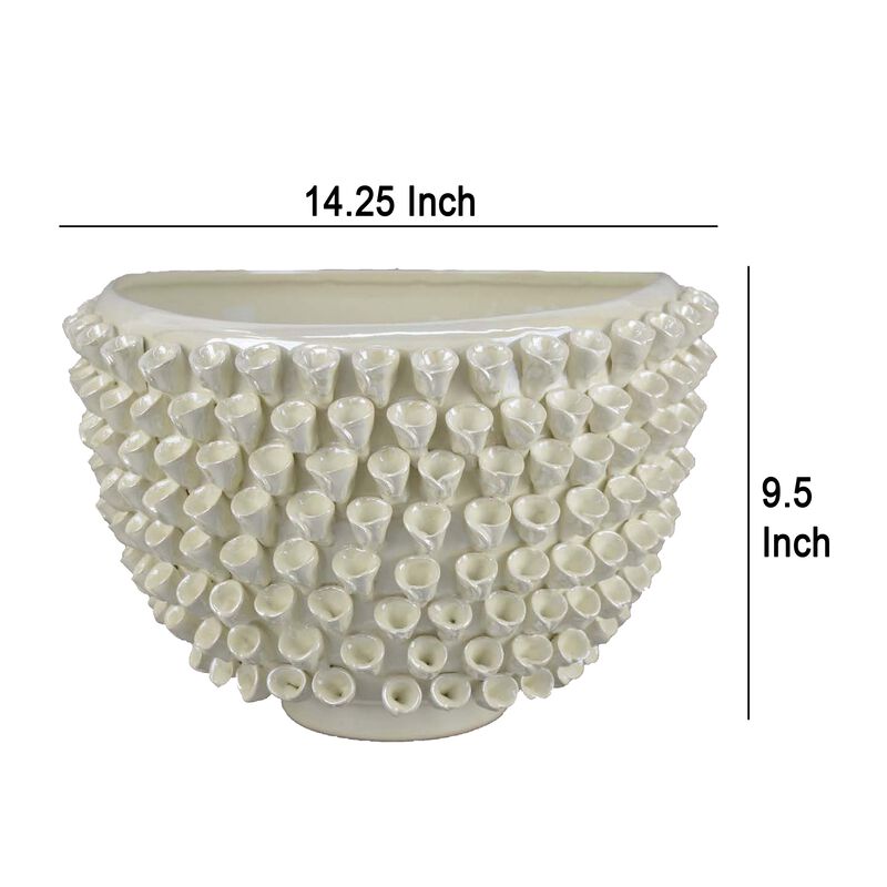 Modern Decorative Bowl, 3D Texture Embellished White Ceramic, 14 Inch - Benzara
