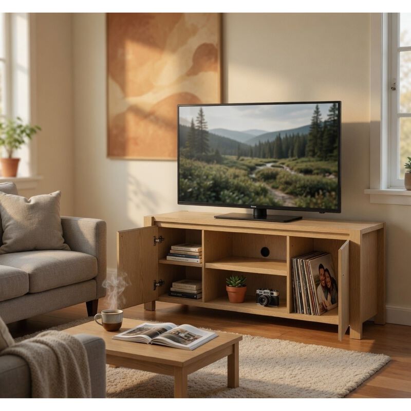 Laury TV Stand Media Console with Open Shelves, Light Oak Wood 60 Inch image number 8