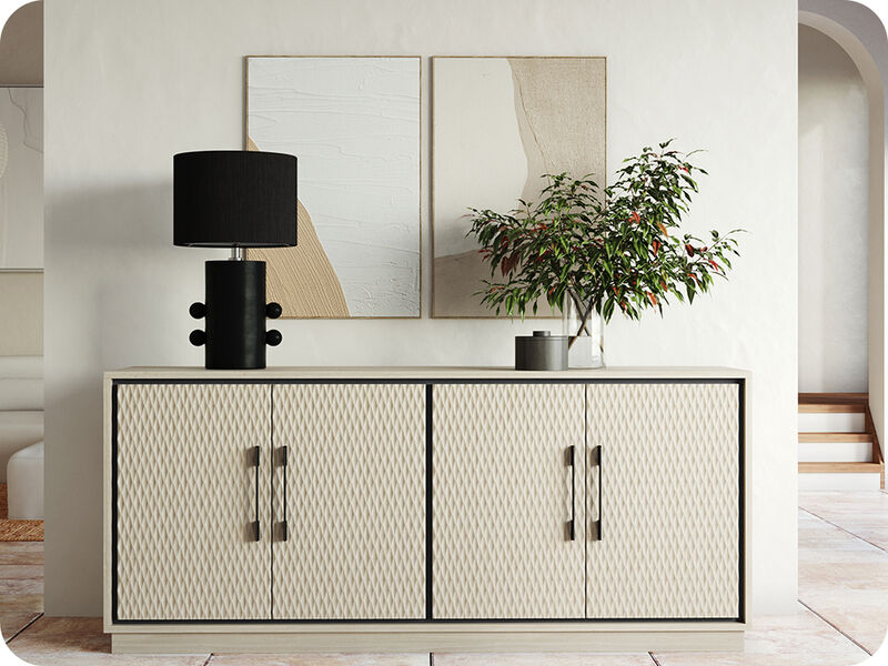 BELLEZE 65-Inch Embossed Buffet Cabinet with Storage, Mid Century Modern Sideboard Large Buffet Console Table for Dining Room, Kitchen, and Living Room (White Lotus)