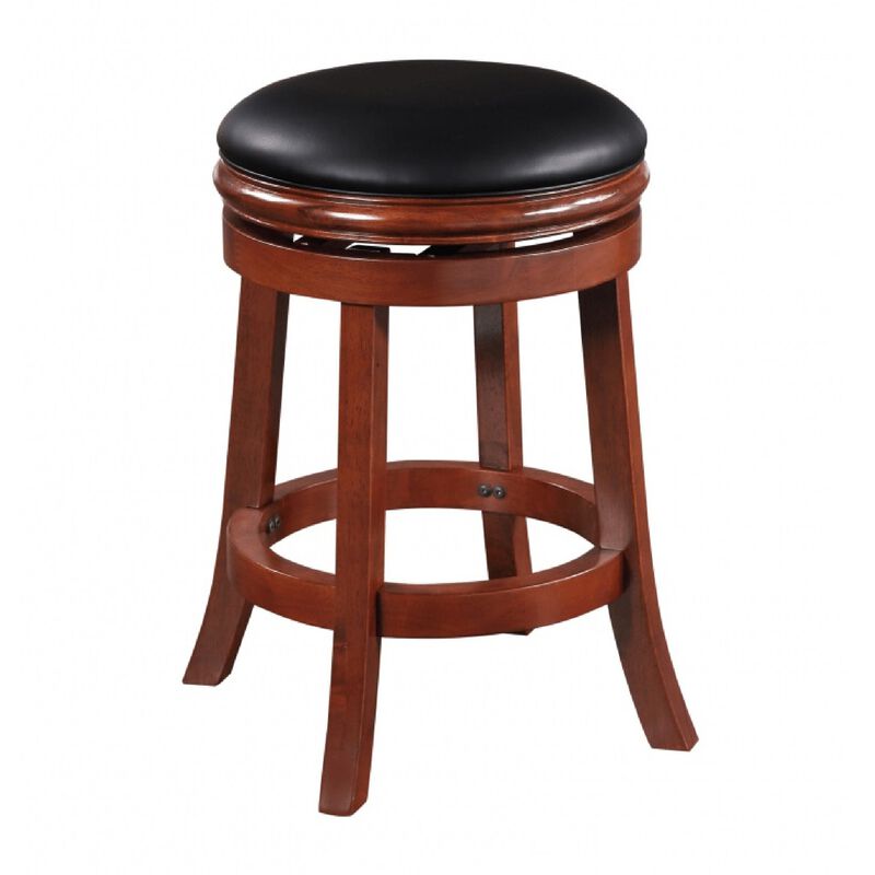 Sabi 24 inch Swivel Counter Stool, Solid Wood, Faux Leather, Brown, Black - Benzara
