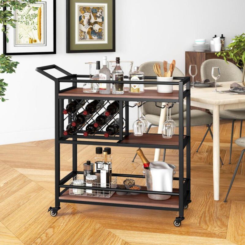 Hivvago 3-tier Bar Cart on Wheels Home Kitchen Serving Cart with Wine Rack and Glasses Holder