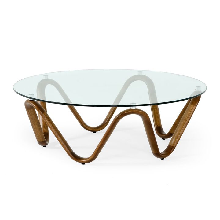 Cid Lasp Coffee Table, 45 Inch, Round Glass Top, Walnut Wave Design Base - Benzara