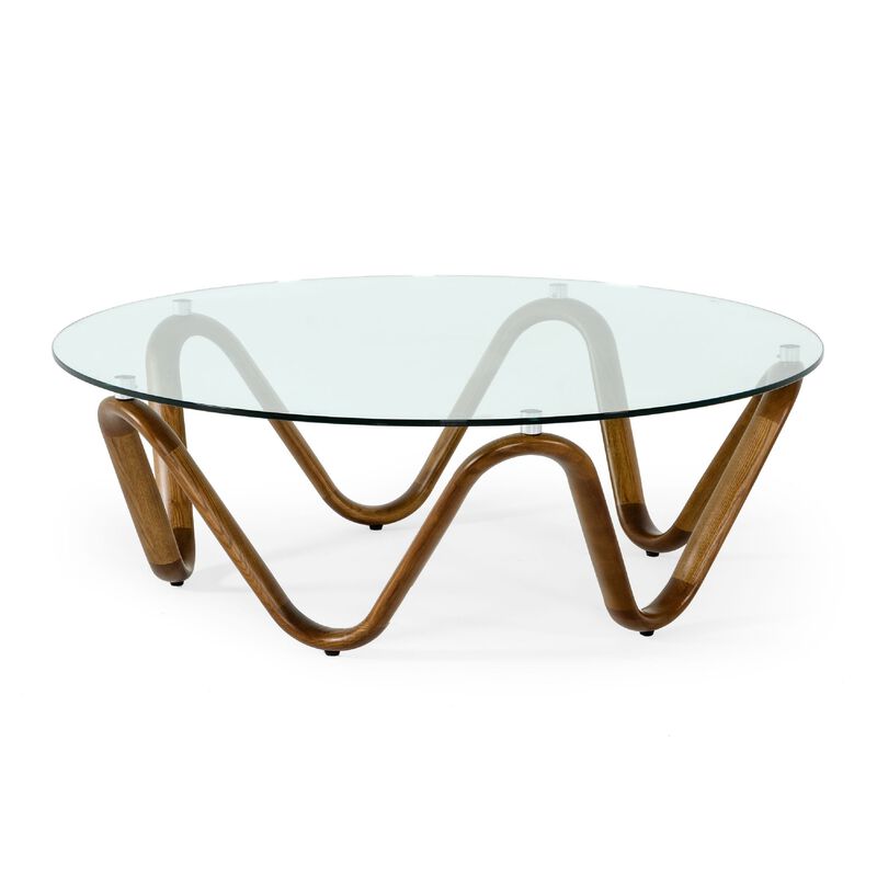 Cid Lasp Coffee Table, 45 Inch, Round Glass Top, Walnut Wave Design Base - Benzara image number 0