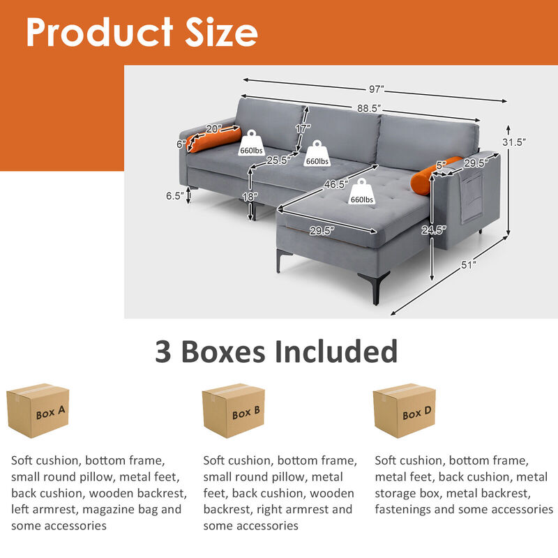Modern Loveseat Sofa with 2 Bolsters and Side Storage Pocket