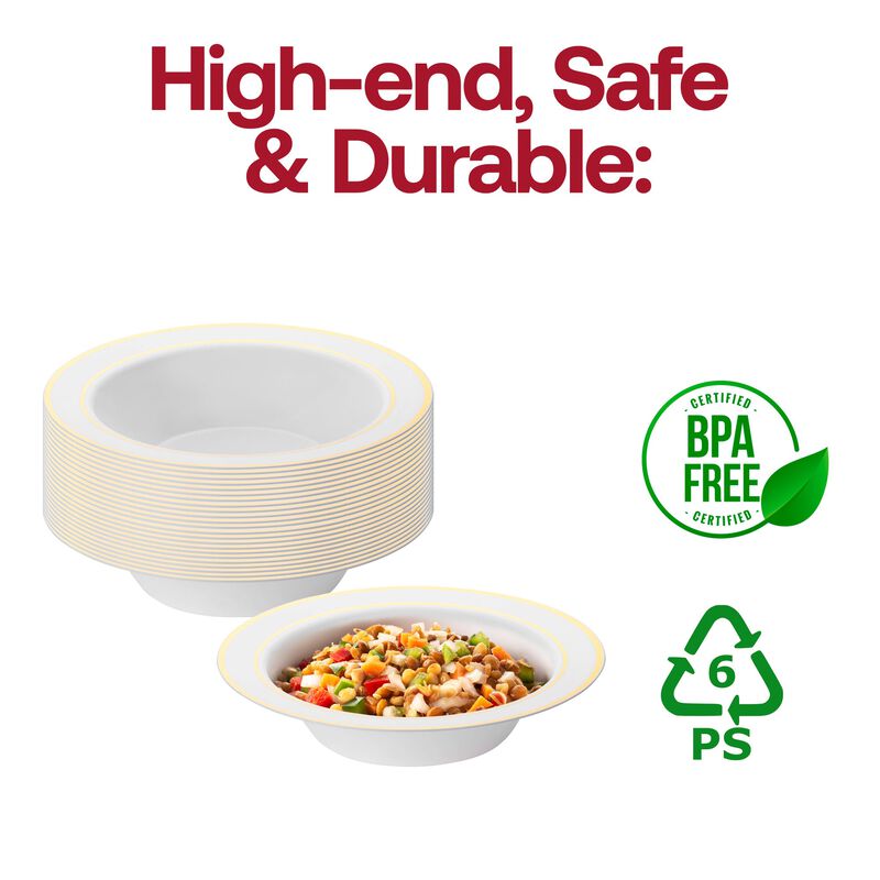 12 oz. White with Gold Edge Rim Plastic Soup Bowls (120 Bowls) image number 6