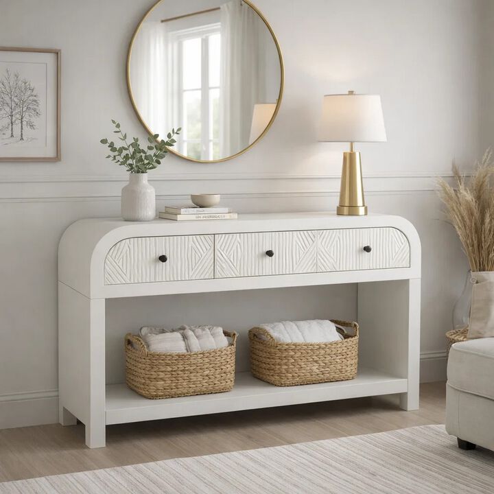 Jack Console Table, White Wood, 3 Drawers and Bottom Shelf, 47 Inch