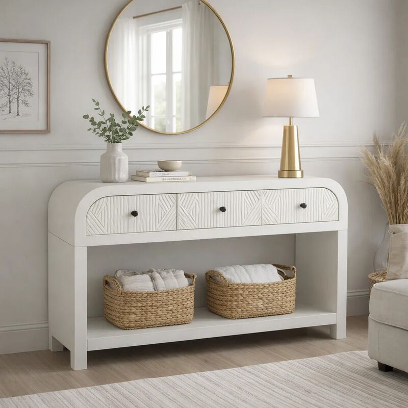 Jack Console Table, White Wood, 3 Drawers and Bottom Shelf, 47 Inch image number 1