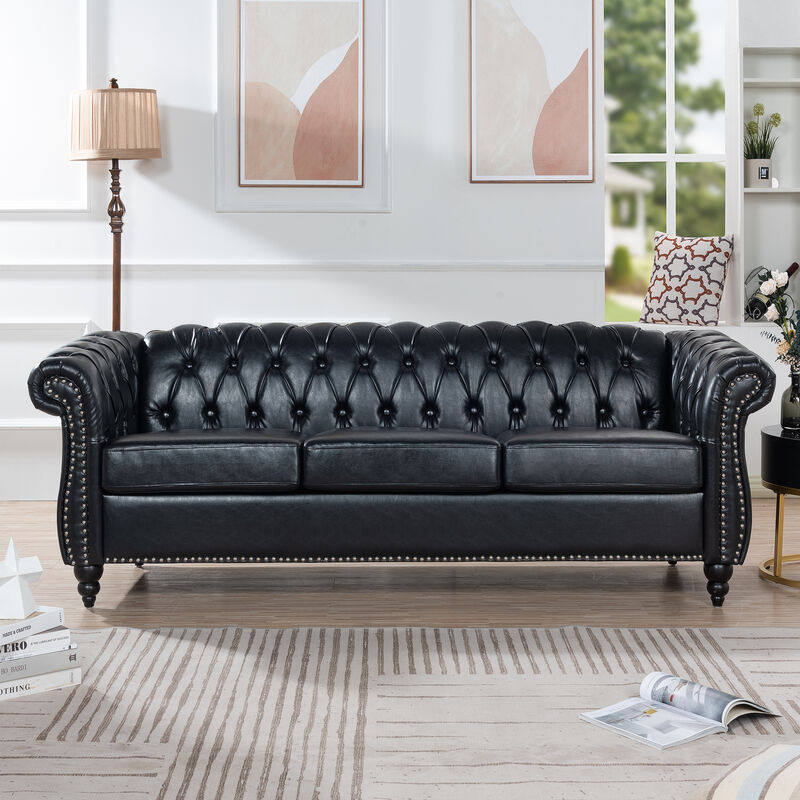 PU Rolled Arm Chesterfield Three Seater Sofa