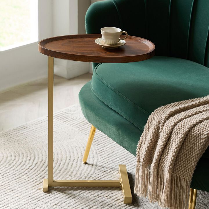 Kings Brand Furniture C-Shaped Side End Table, Wood & Gold Metal Sofa Snack Table for Living Room, Bedroom or Bedside