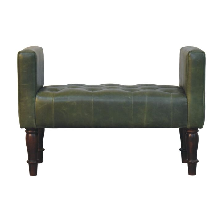 Artisan Furniture Solid Wood Walnut Green Leather Bedroom Bench, Green & Brown