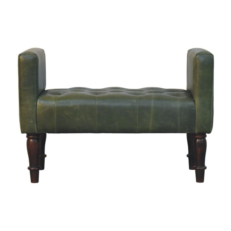 Artisan Furniture Solid Wood Walnut Green Leather Bedroom Bench, Green & Brown image number 0