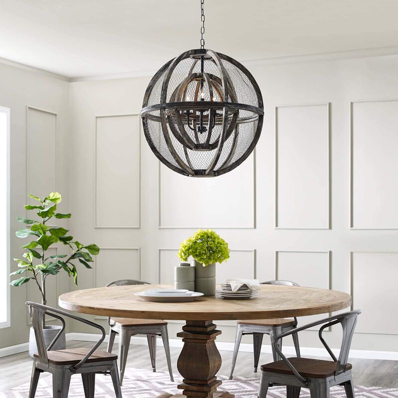 Modway Gravitate Rustic Oak Wood Globe Pendant Light Chandelier image number 3