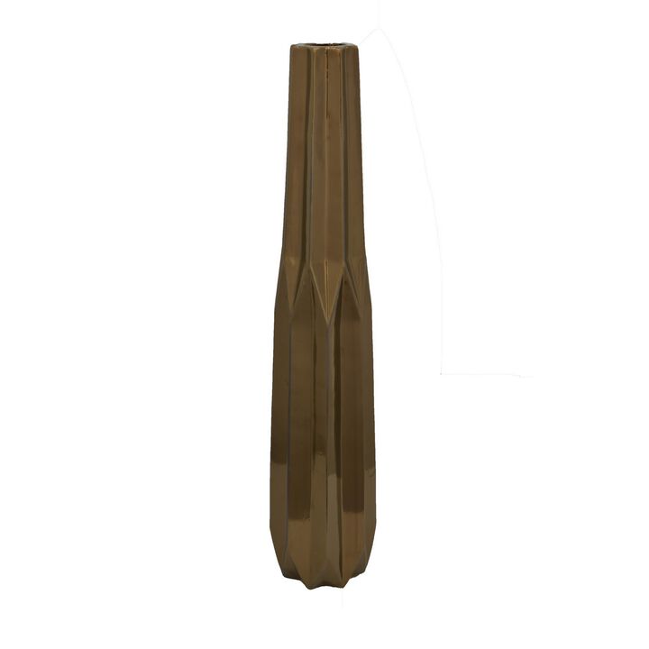 Tasha Vase with Geometric Design, Slim Profile Bronze Ceramic 32 Inch - Benzara