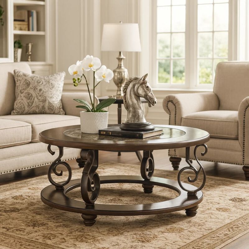 Falu Coffee Table, 42 Inch Round Faux Marble Top, Classic Scrolled, Brown image number 6