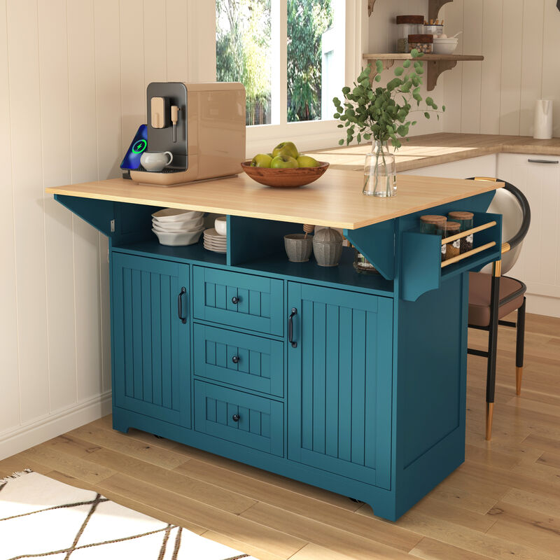 Whisen Modern Kitchen Island with 2 Drop Leaf, Power Outlet and Drawers - Green