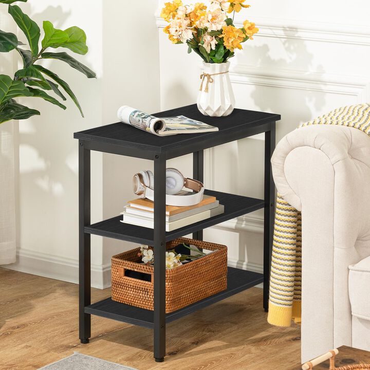 HOOBRO End Table, Simple Rustic Side Table with 3-Tier Storage Shelf, Narrow Nightstand for Small Spaces, Easy Assembly, for Liv