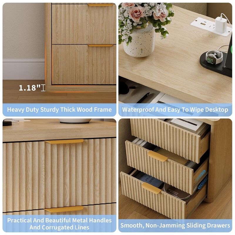 Fluted Nightstand with Charging Station, Bedside Table with 3 Drawers and Open Storage Space, Mid Century Modern End Table, Natural Color 1pcs image number 5