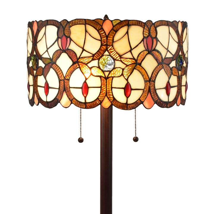 Hivvago 63" Beige Metal Two Light Torchiere Floor Lamp With Red And White Flowers Glass Drum Shade