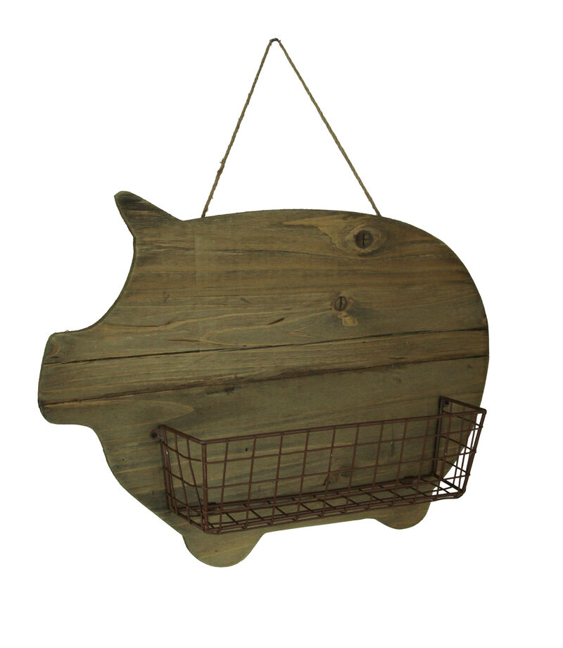 Rustic Wood Farmhouse Pig and Metal Wire Wall Basket image number 0