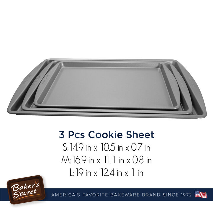 Baker's Secret Set of 3 Cookie Sheet 15"17"19" , Nonstick Coating, Carbon Steel Construction, Essentials Line , Dark Gray