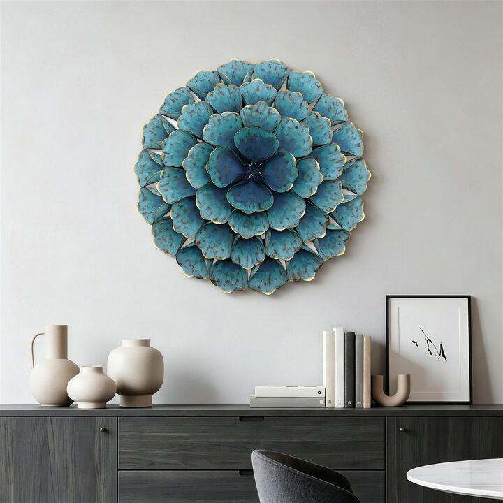 24" Rosette Metal Floral Wall Art Decor, Teal Blue