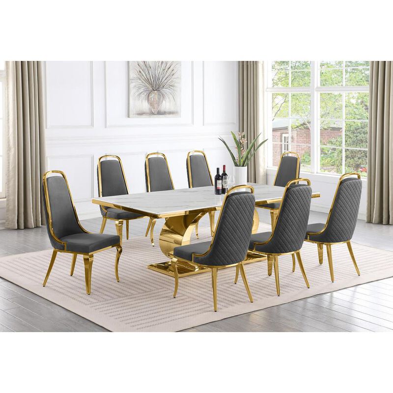 Best Quality Furniture 9pc Large(87) marble top dining set with gold base and 8 Dark grey side chairs