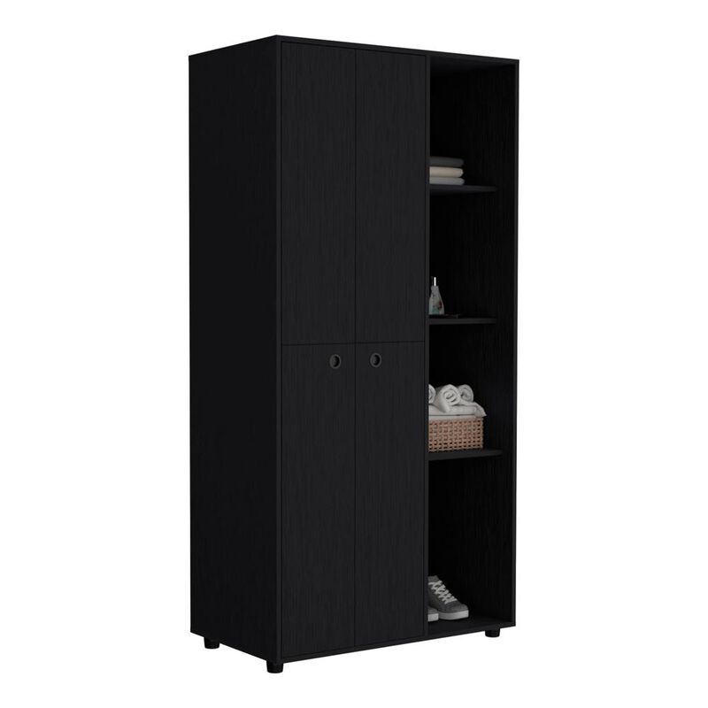 Armoire with 2-door Storage with Metal Rods, Drawer, 3 Open Shelves, Black